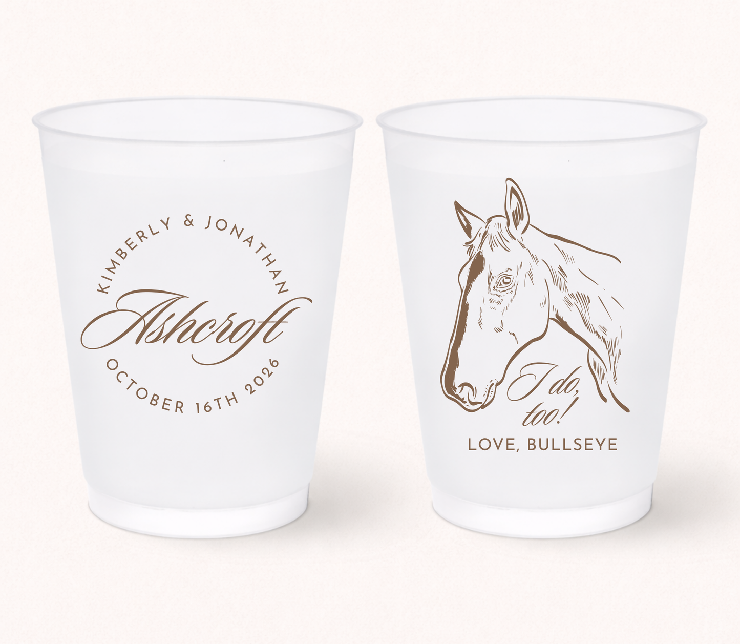 Personalized western wedding frosted cups featuring a custom horse illustration, couple names, family name, and wedding date for rustic ranch wedding celebrations.