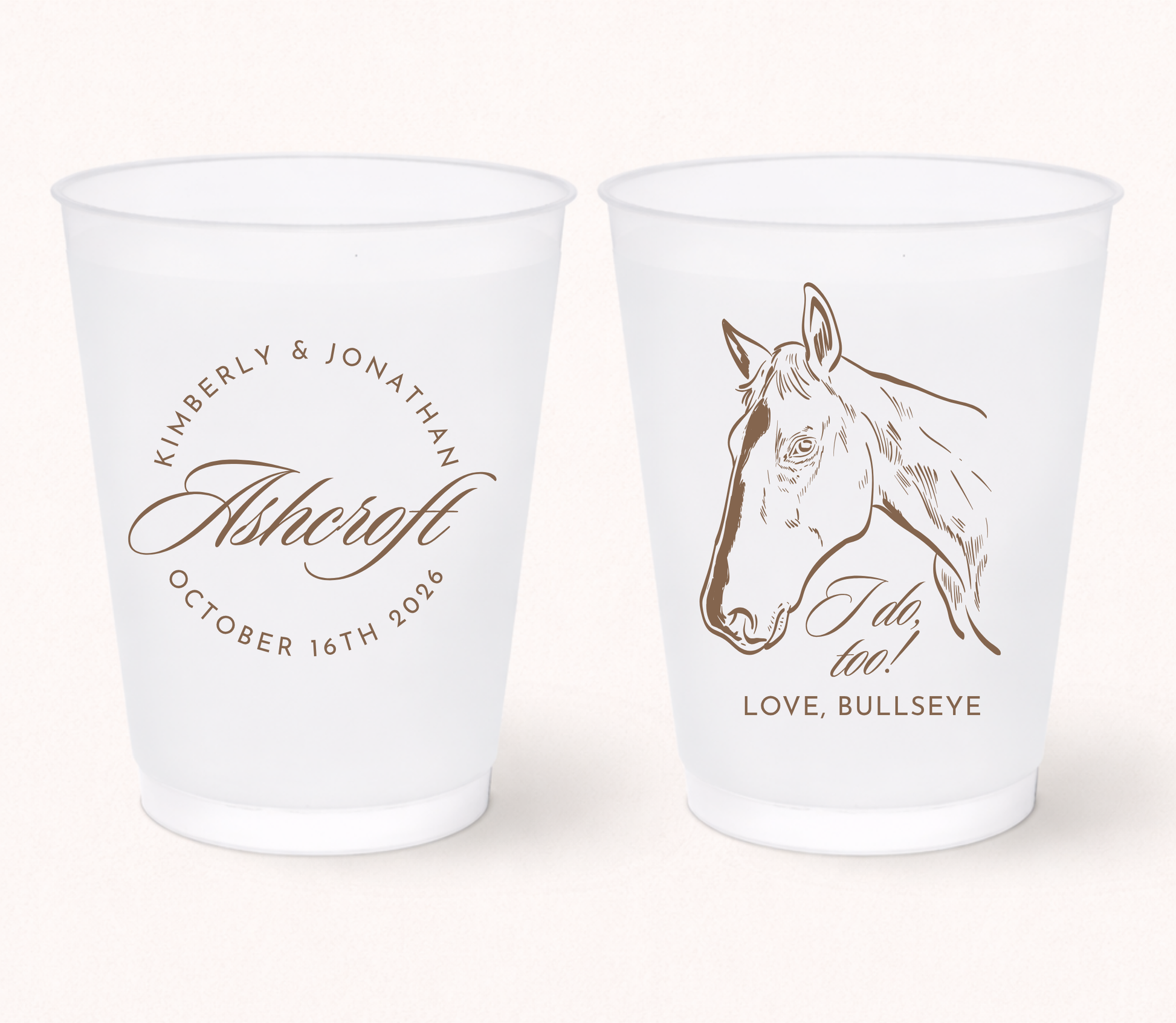 Personalized western wedding frosted cups featuring a custom horse illustration, couple names, family name, and wedding date for rustic ranch wedding celebrations.
