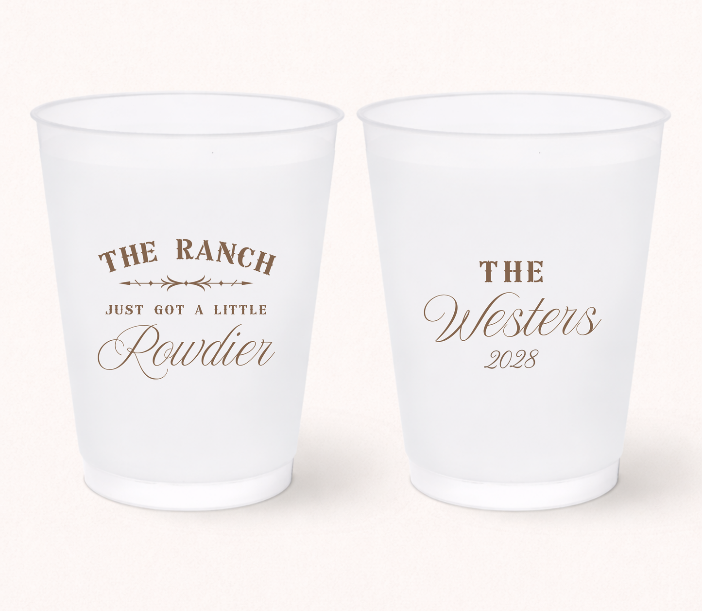 Personalized western wedding frosted cups featuring rustic typography, custom family name, and wedding year for ranch, barn, and country wedding celebrations.
