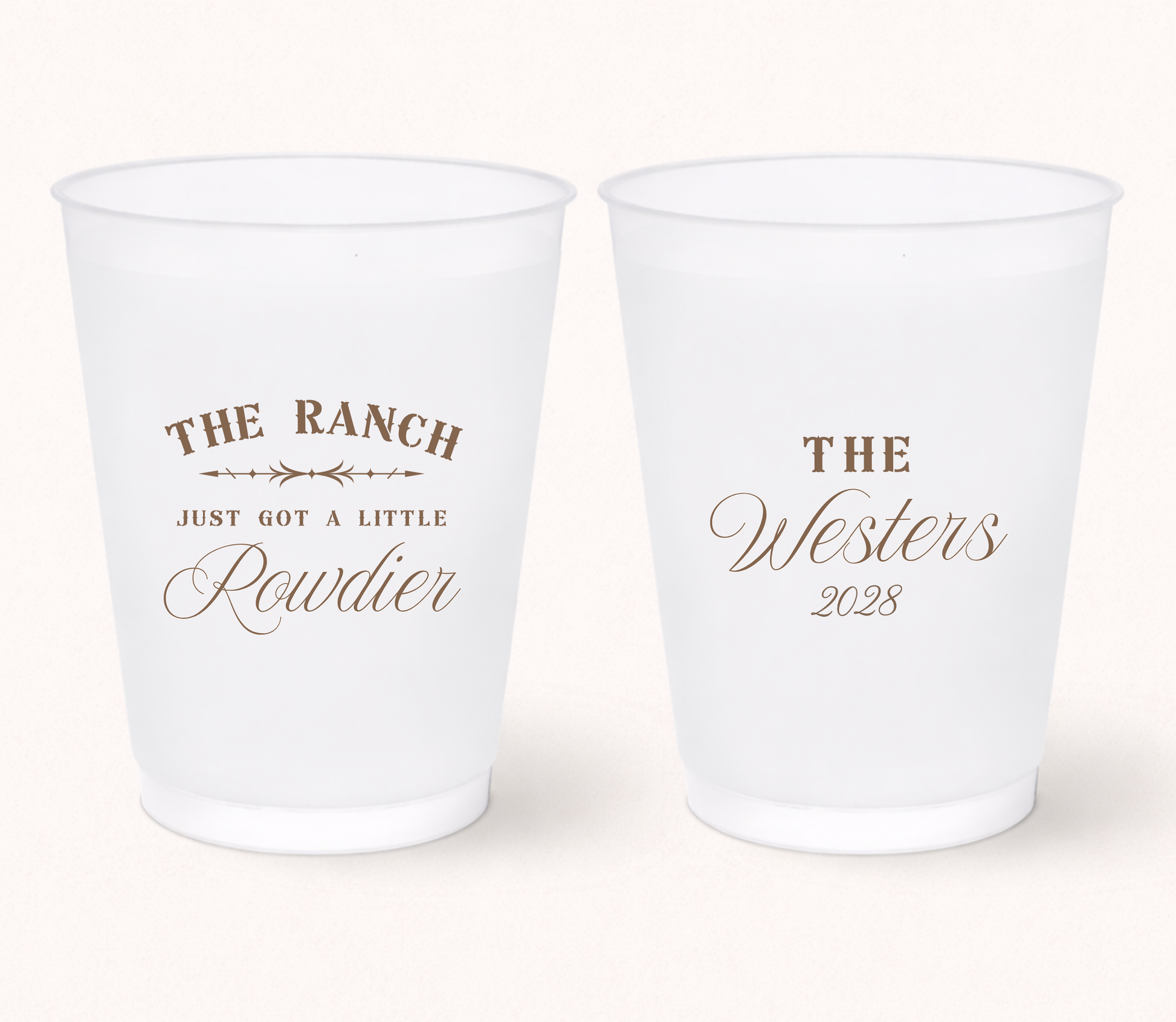 Personalized western wedding frosted cups featuring rustic typography, custom family name, and wedding year for ranch, barn, and country wedding celebrations.
