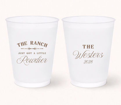 Personalized western wedding frosted cups featuring rustic typography, custom family name, and wedding year for ranch, barn, and country wedding celebrations.