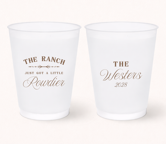 Personalized western wedding frosted cups featuring rustic typography, custom family name, and wedding year for ranch, barn, and country wedding celebrations.