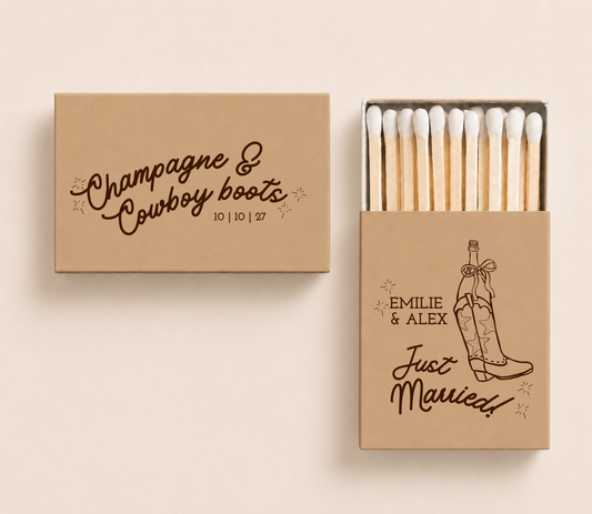 Personalized Champagne & Cowboy Boots wedding matchboxes featuring custom names, wedding date, and a cowboy boot illustration for western weddings.