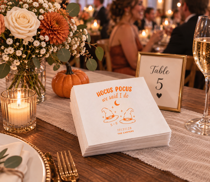 Personalized witchy wedding cocktail napkins with initials and wedding date.