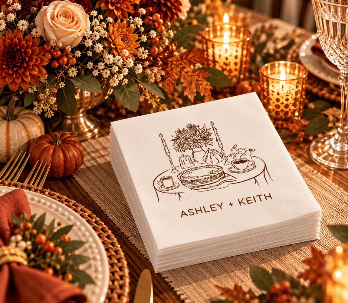 Personalized fall wedding napkin with a cozy Thanksgiving table illustration and warm brown artwork.