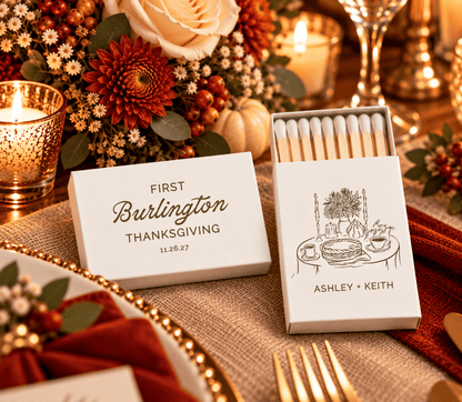 Elegant fall wedding matchboxes for Thanksgiving celebrations