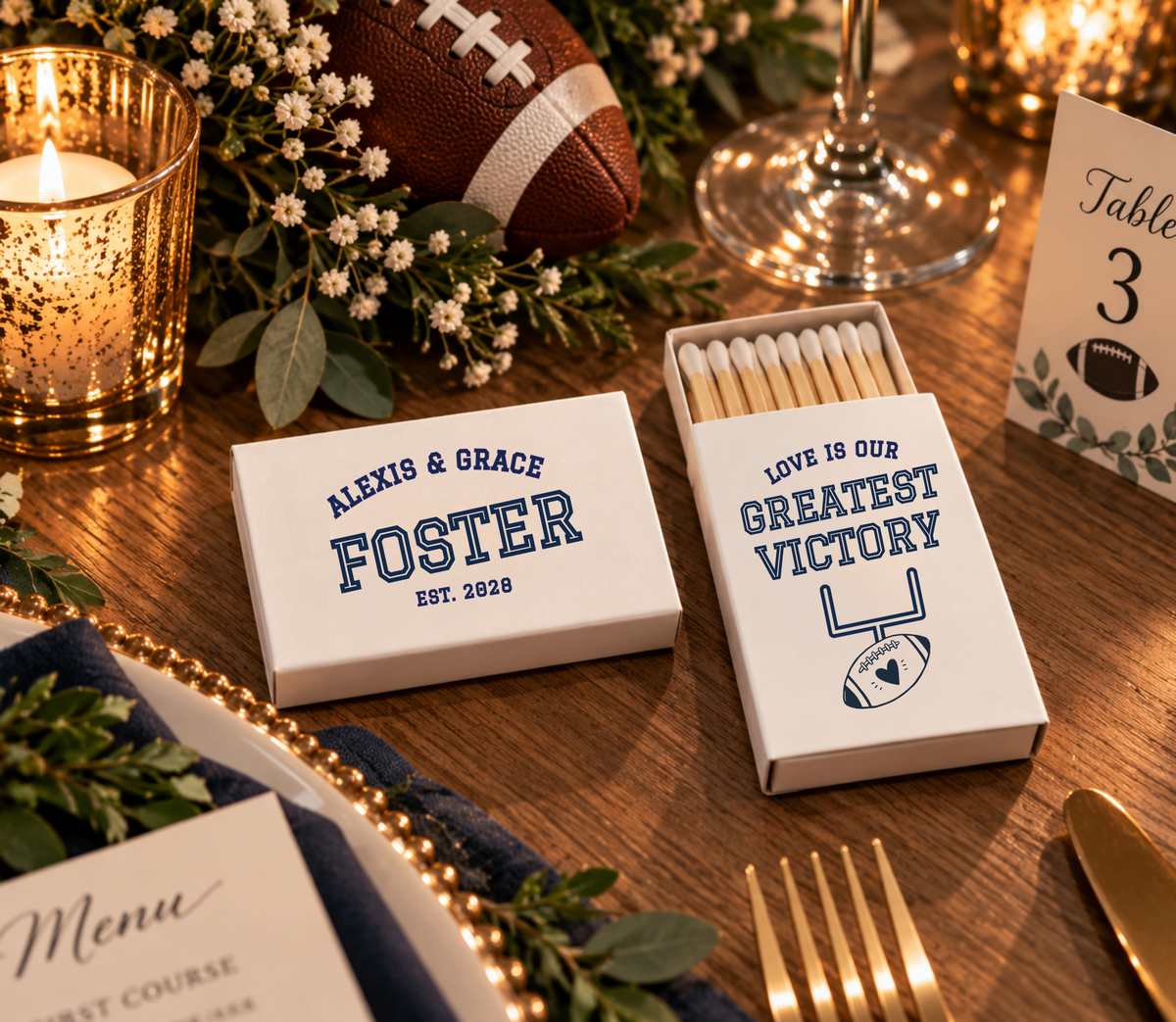 Custom sports wedding matchboxes with football, goalpost, and heart artwork, personalized couple names, and family name.