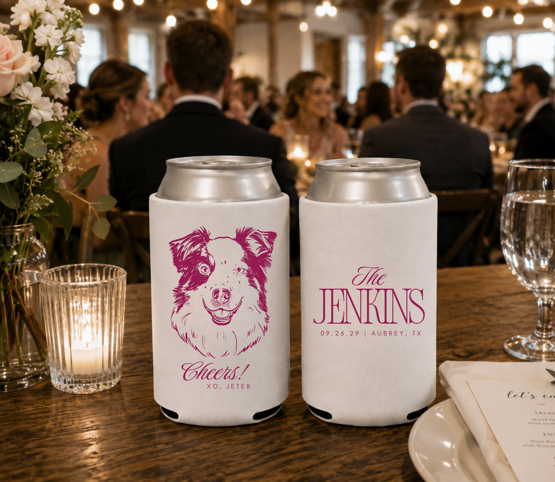 Pet friendly wedding favor featuring a custom dog illustration.

Reusable wedding can cooler customized with your dog's portrait and wedding details.