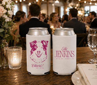 Pet friendly wedding favor featuring a custom dog illustration.

Reusable wedding can cooler customized with your dog's portrait and wedding details.