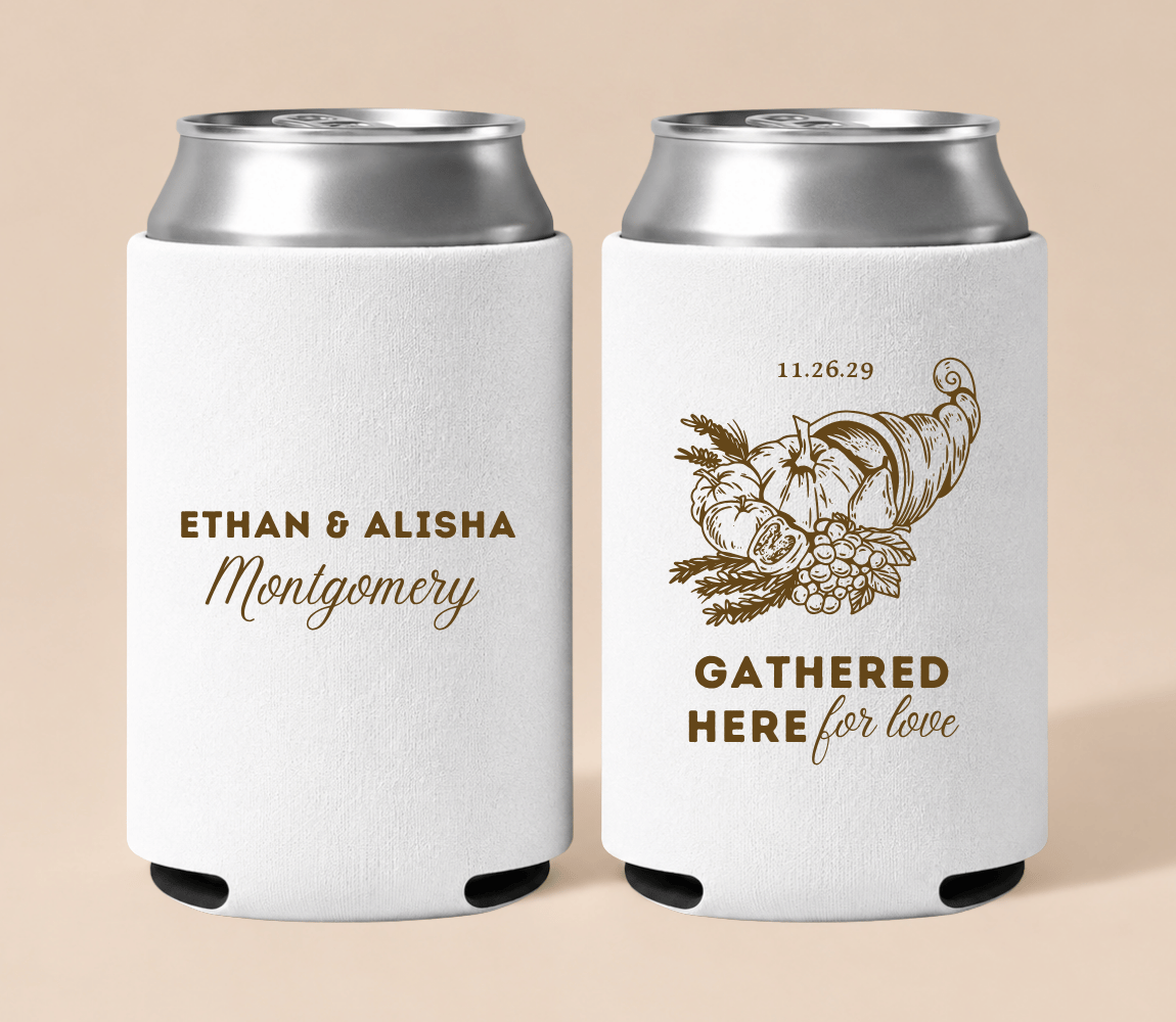 Personalized white Thanksgiving wedding can coolers featuring a harvest cornucopia illustration, custom couple names, wedding date, and Gathered Here for Love wording.