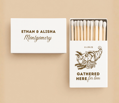 Personalized white Thanksgiving wedding matchboxes with Gathered Here for Love design