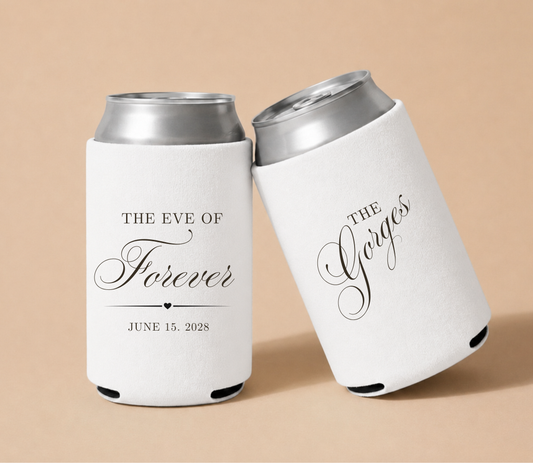 White personalized foam wedding can coolers featuring "The Eve of Forever," custom Rogers family name, and wedding date June 15, 2028.
