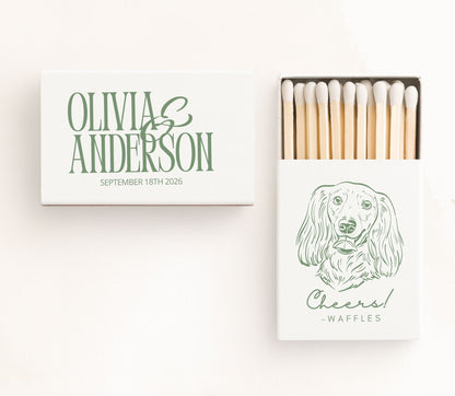 White personalized pet portrait wedding matchboxes featuring a custom dog illustration, elegant green typography, pet name, couple names, wedding date, and premium safety matches.
Personalized pet portrait wedding matchbox featuring a custom dog illustration, pet name, and elegant wedding typography.
Custom pet illustration wedding matchbox with couple names, wedding date, and premium safety matches.