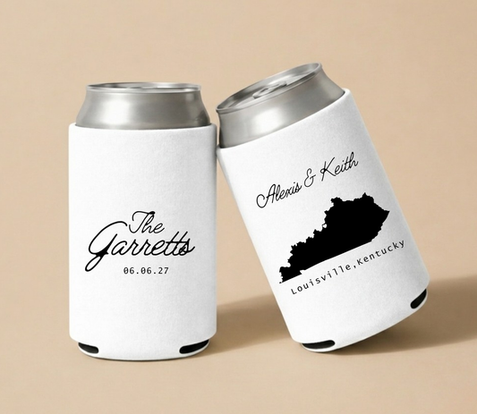 White personalized wedding can coolers featuring a Kentucky state silhouette, couple's names, Louisville wedding location, and custom wedding date.