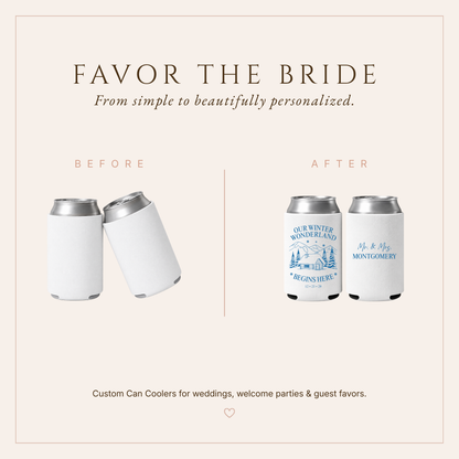Personalized snowy cabin wedding favor featuring Our Winter Wonderland Begins Here and custom wedding date.