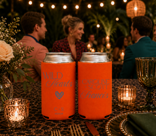 Personalized orange wedding can koozies.