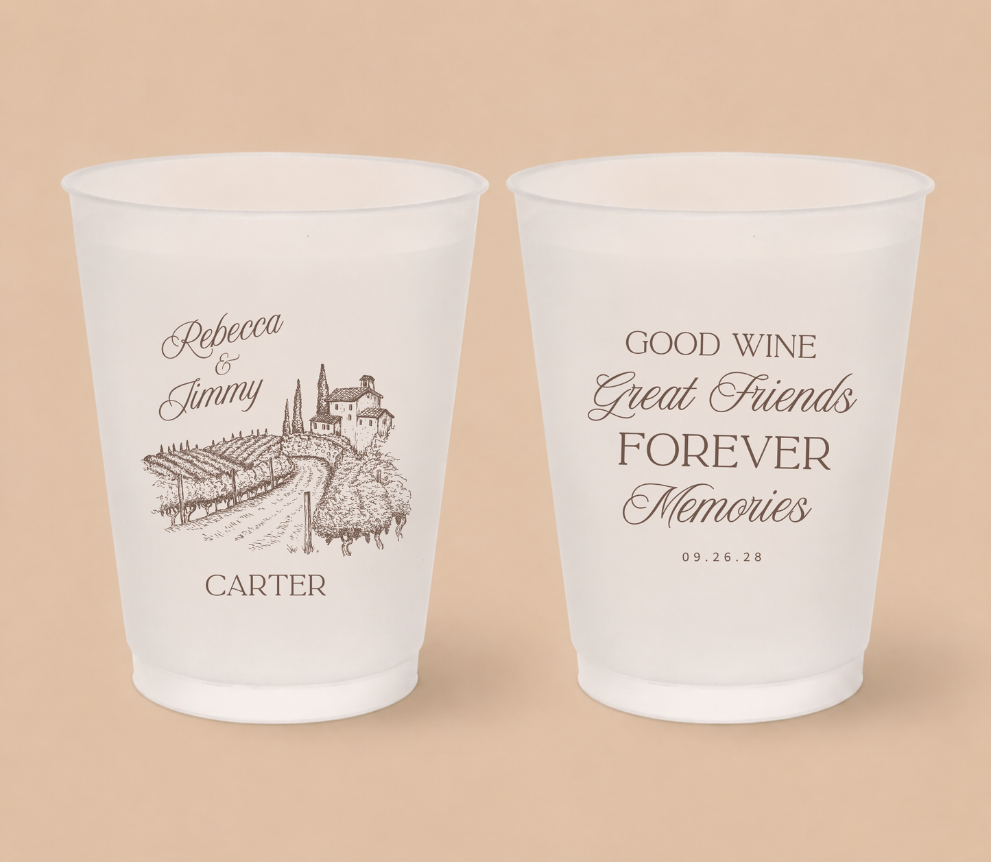White frosted wedding cups featuring a vineyard winery illustration with personalized couple names, family surname, and wedding date.