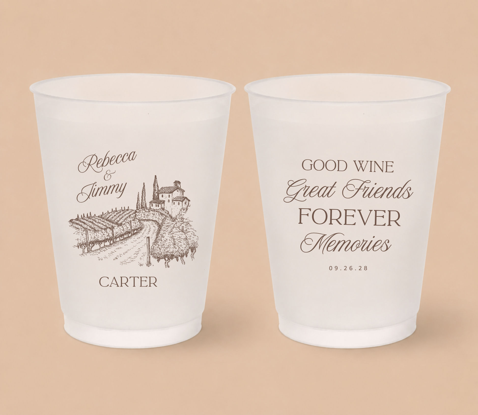 White frosted wedding cups featuring a vineyard winery illustration with personalized couple names, family surname, and wedding date.
