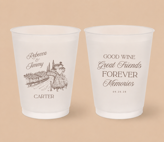 White frosted wedding cups featuring a vineyard winery illustration with personalized couple names, family surname, and wedding date.