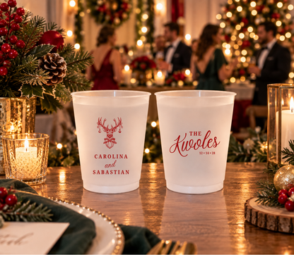 Personalized frosted party cups for Christmas weddings and rustic winter receptions.