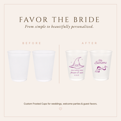 Romantic witchy wedding cups with purple Forever & Ever design.