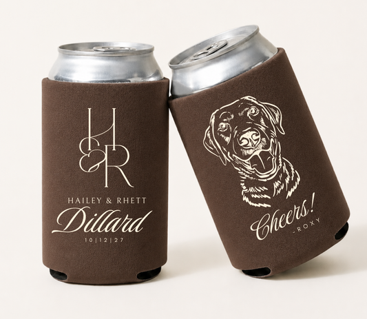 Personalized Labrador wedding can coolers featuring a custom monogram, couple's names, wedding date, and illustrated Labrador portrait.