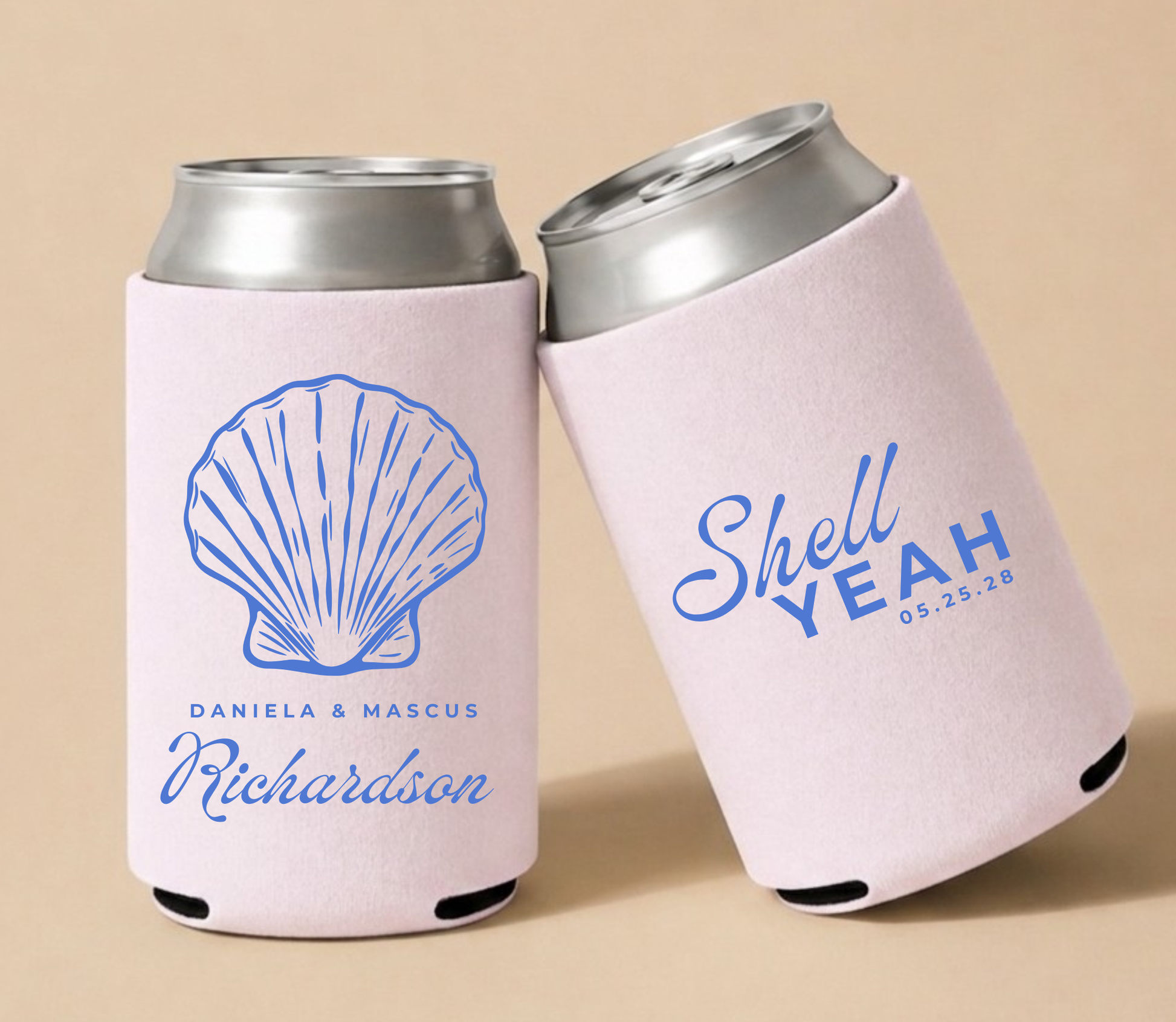 Custom beach wedding can coolers with personalized names, wedding date, and blue seashell artwork on pink drink sleeves
