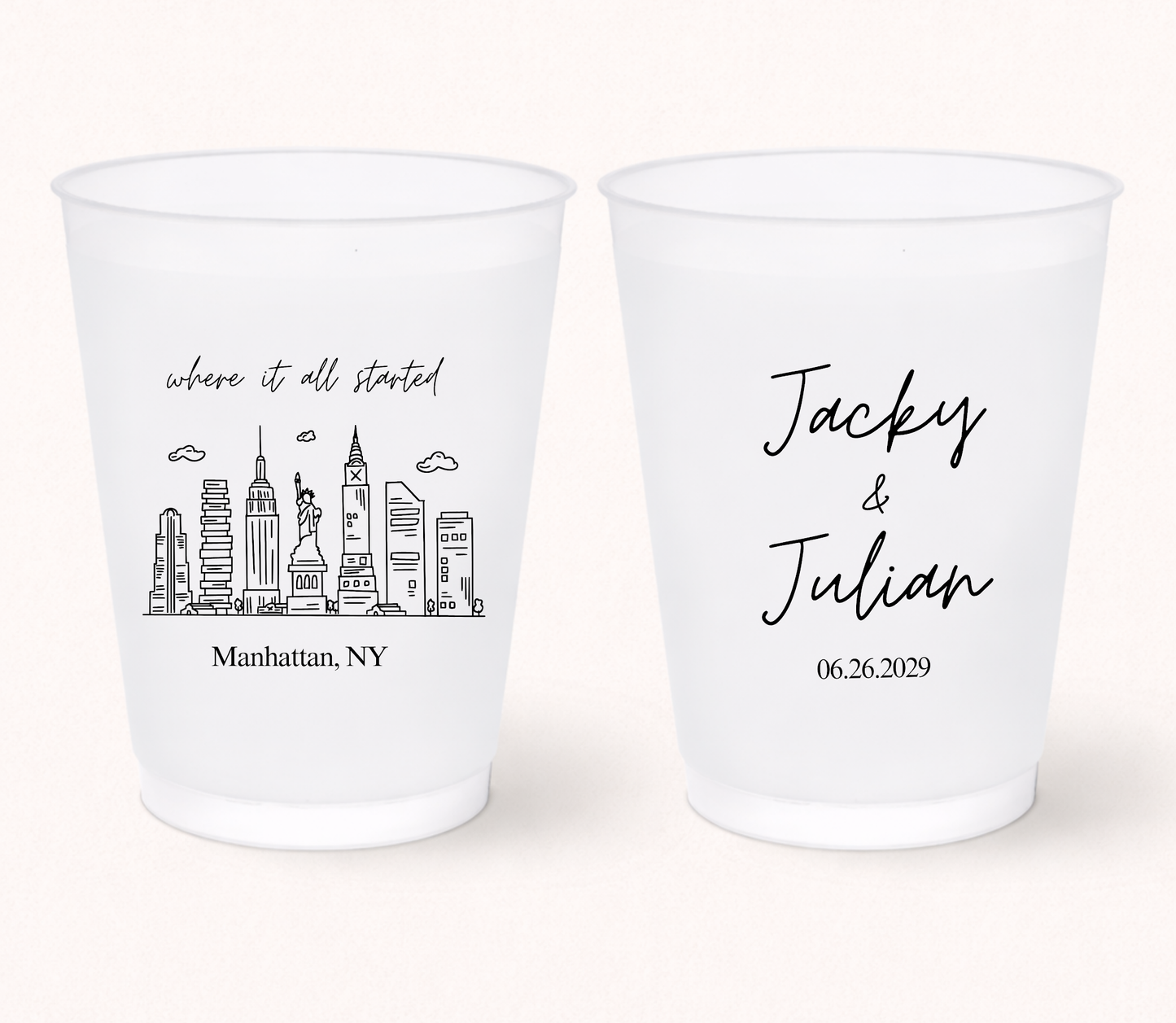 Custom city wedding frosted cups with skyline artwork, personalized names, meaningful location details, and destination wedding design