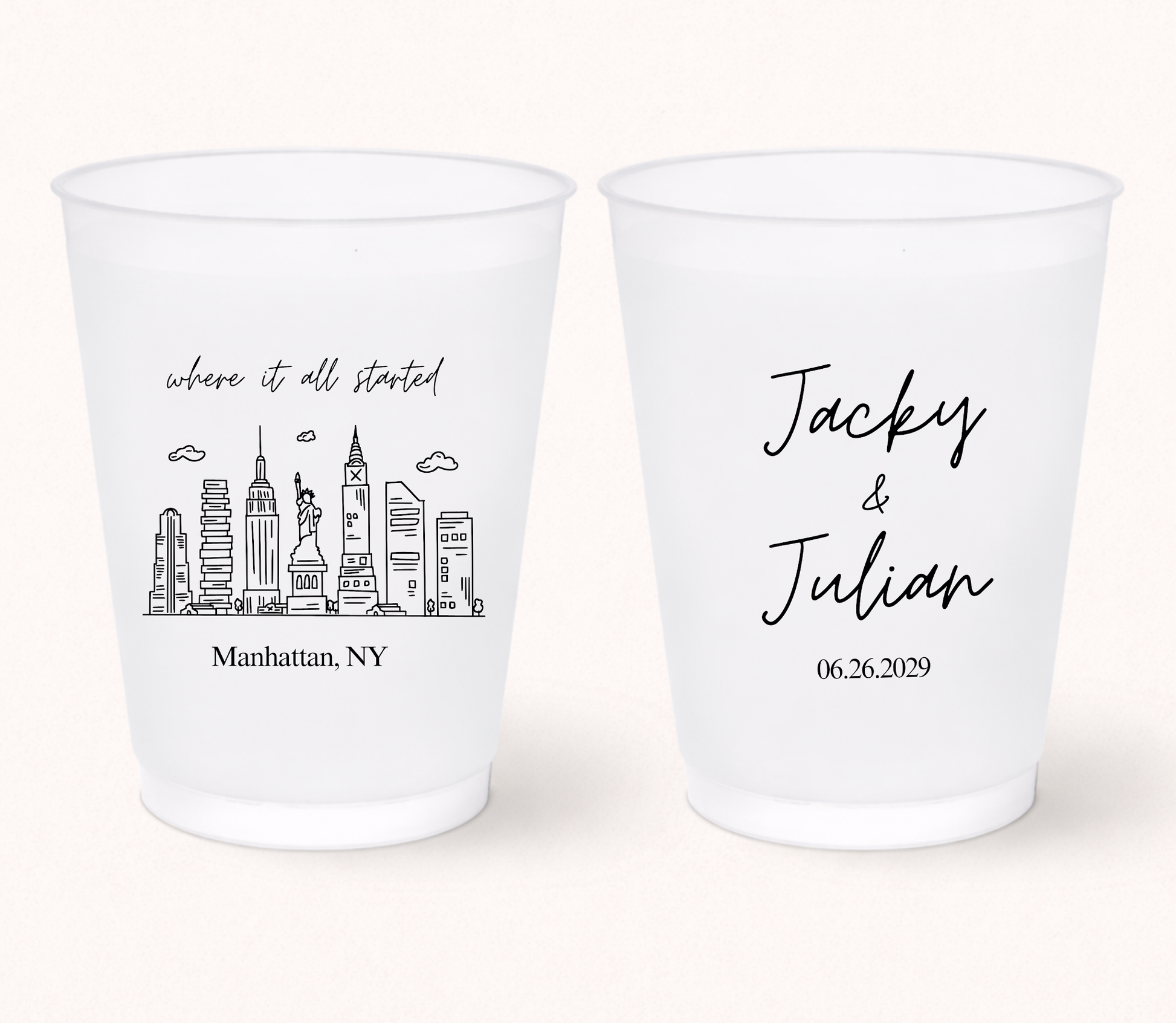 Custom city wedding frosted cups with skyline artwork, personalized names, meaningful location details, and destination wedding design