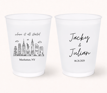 Custom city wedding frosted cups with skyline artwork, personalized names, meaningful location details, and destination wedding design