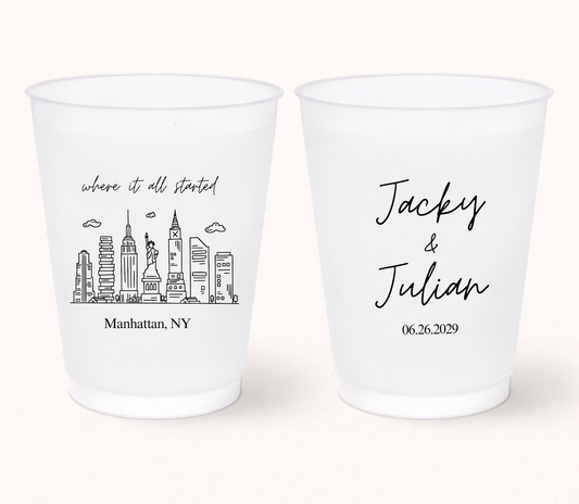 Custom city wedding frosted cups with skyline artwork, personalized names, meaningful location details, and destination wedding design