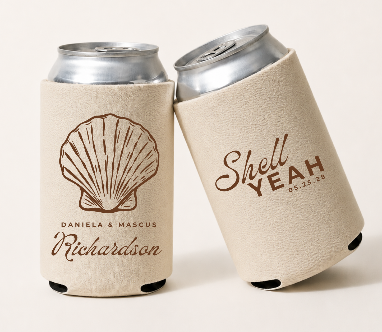 Personalized coastal wedding can coolers featuring a seashell illustration, custom couple's names, family name, wedding date, and beach-inspired design.