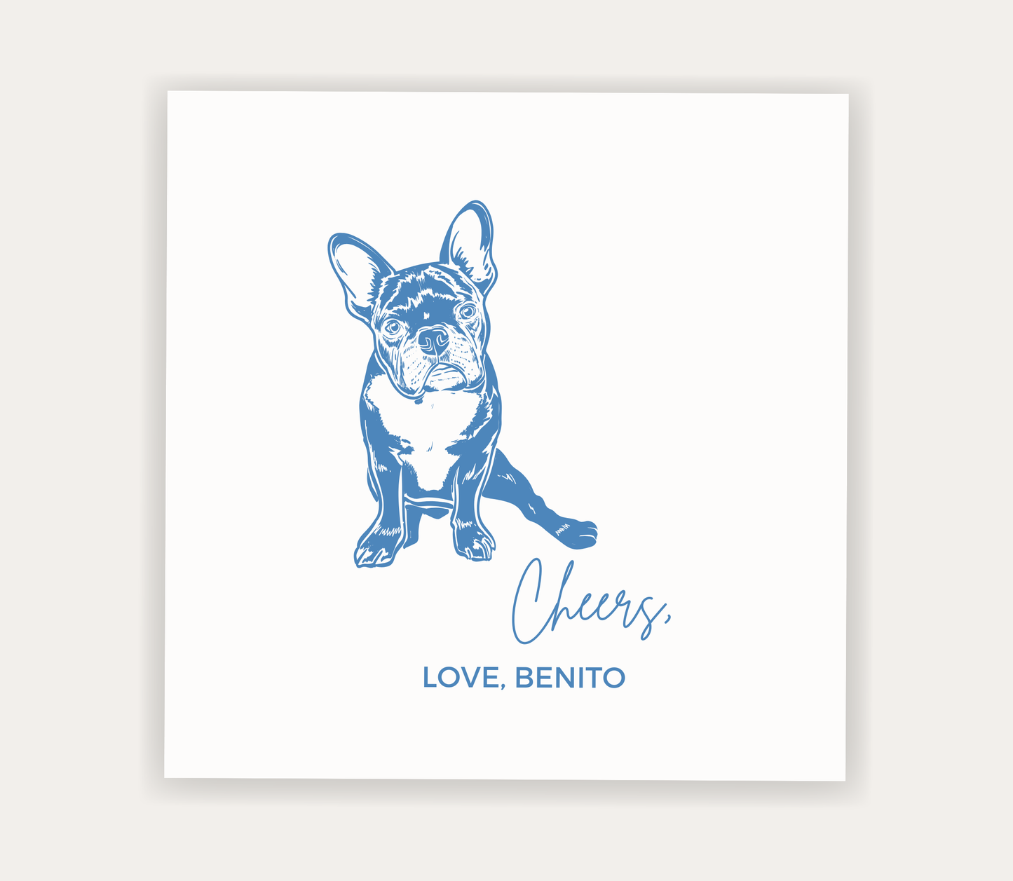 Premium personalized cocktail napkin with custom dog illustrations, pet names, and elegant typography.