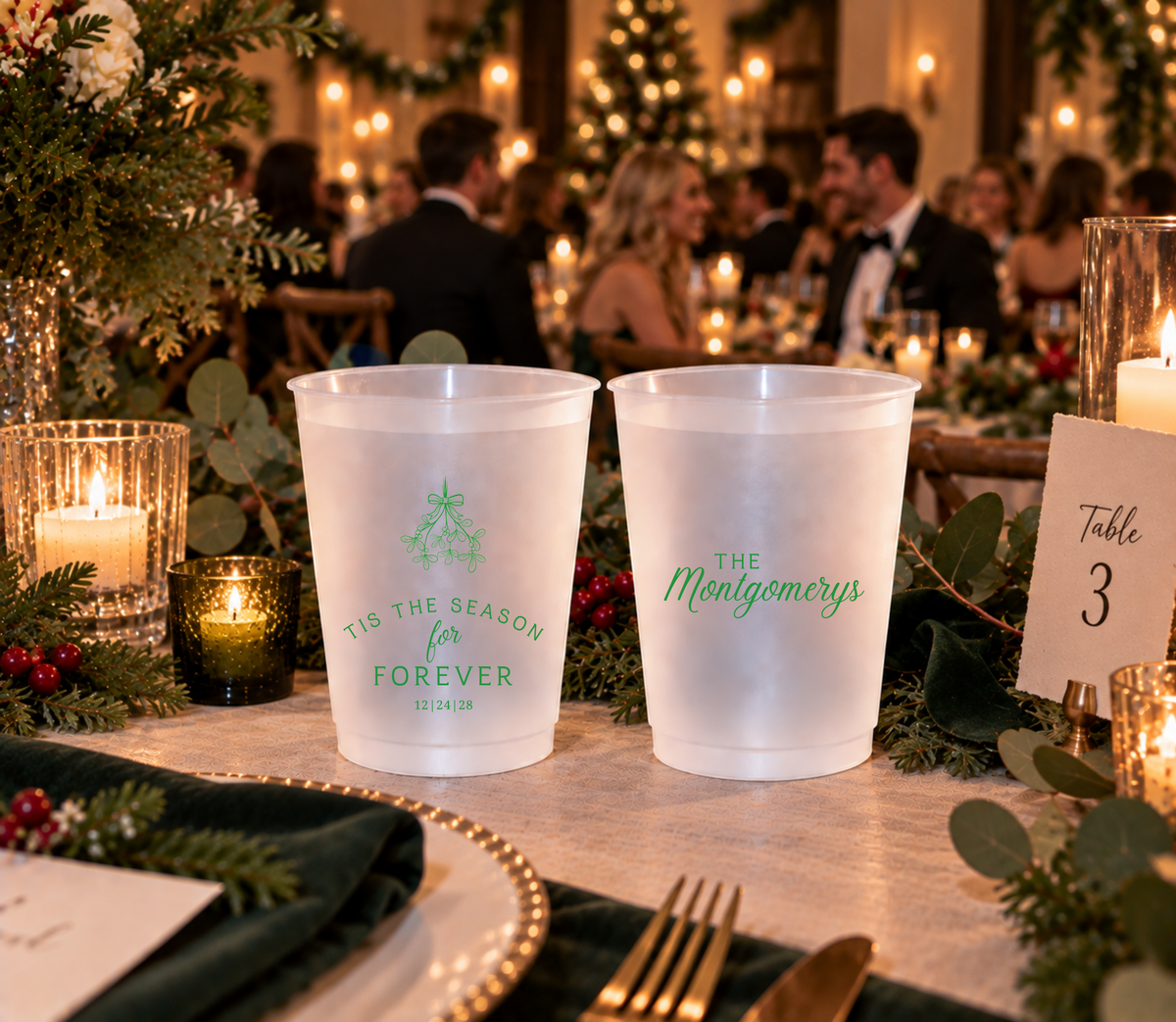 Holiday wedding drink cups featuring elegant mistletoe artwork and custom wedding details.