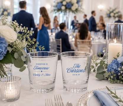 Personalized forever wedding shot glasses with custom family name couple names and wedding date