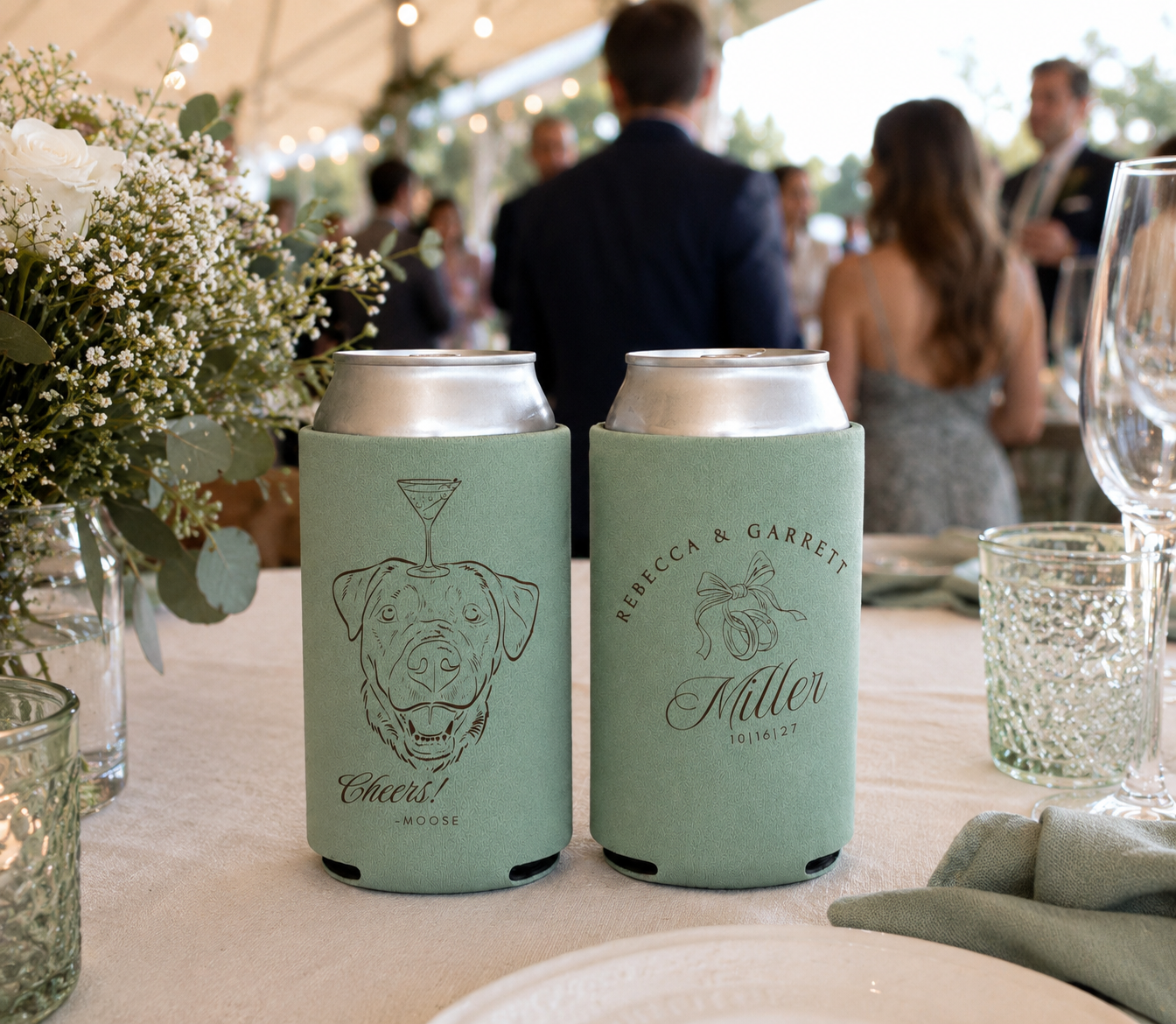 Personalized wedding can cooler featuring custom dog portrait artwork and wedding names.