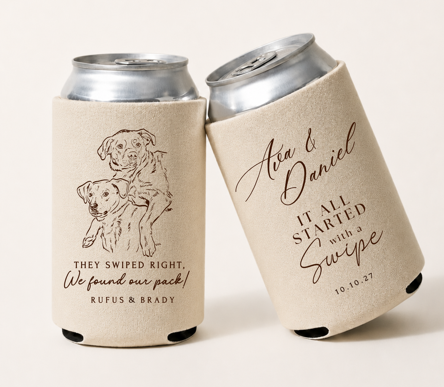 Personalized dog wedding can coolers featuring custom dog illustrations, couple's names, wedding date, and pet-themed wedding design.