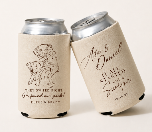 Personalized dog wedding can coolers featuring custom dog illustrations, couple's names, wedding date, and pet-themed wedding design.