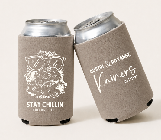 Personalized dog lover wedding can coolers featuring a custom dog illustration with sunglasses, couple's names, wedding date, and pet-inspired design.
