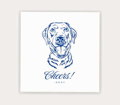 Custom pet portrait wedding napkin featuring a dog illustration with Cheers wording and personalized pet name
