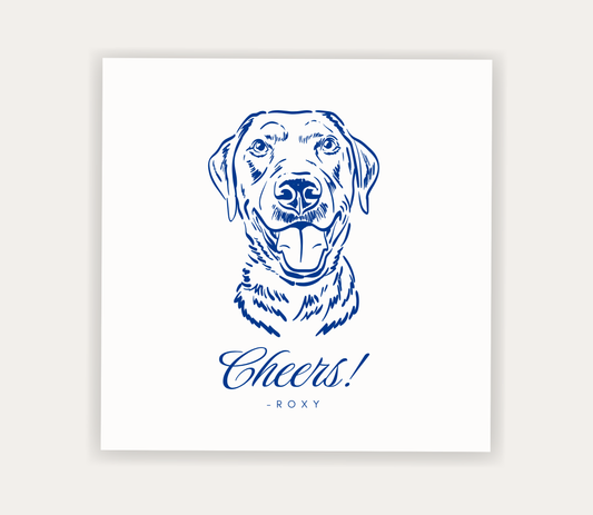 Custom pet portrait wedding napkin featuring a dog illustration with Cheers wording and personalized pet name