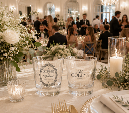 Personalized elegant wedding shot glasses with vintage frame custom couple names and wedding date