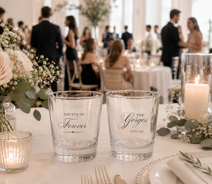 Personalized elegant wedding shot glasses with custom family name and forever wedding design