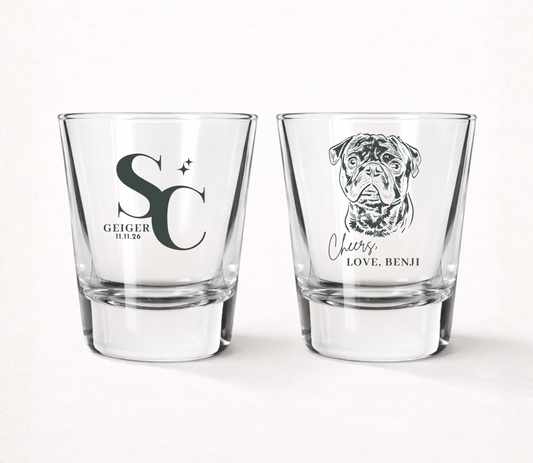 Custom frosted shot glass for wedding with pet and couples initials last name and date 