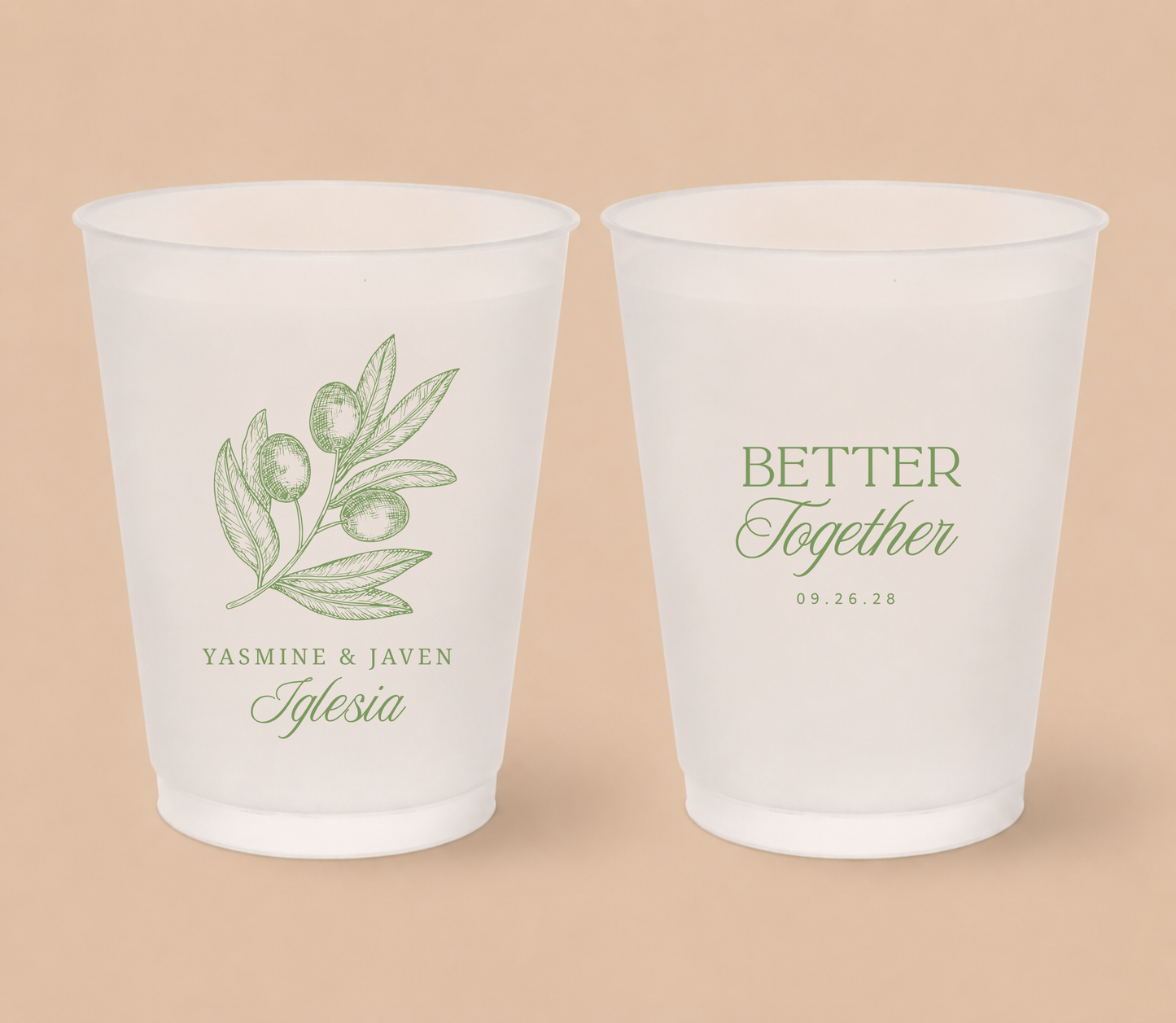 White frosted wedding cups featuring elegant olive branch artwork, custom couple names Yasmine and Javen Iglesia, Better Together design, and wedding date.