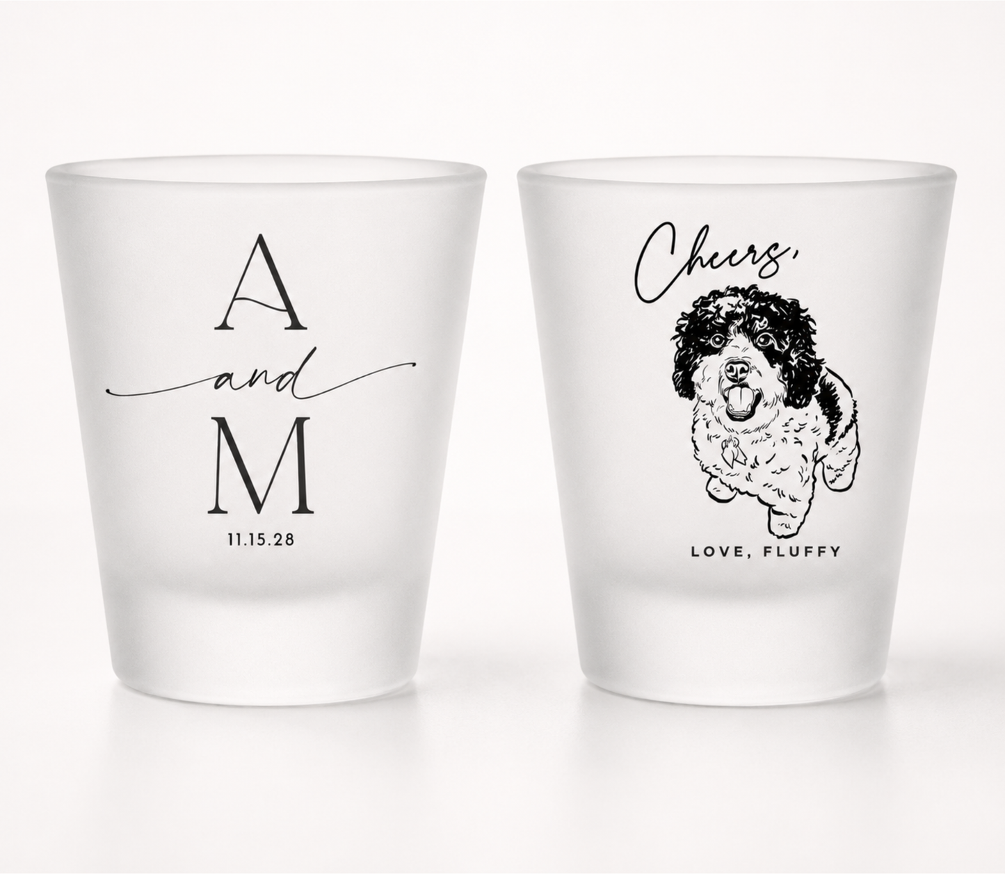 Frosted shot glass with pet for a wedding celebration with couples initials and date 