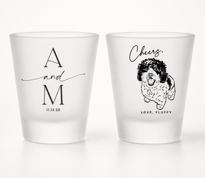 Frosted shot glass with pet for a wedding celebration with couples initials and date 