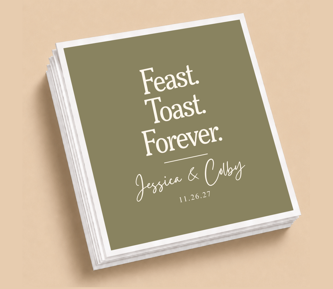 Personalized olive green Thanksgiving wedding matchboxes with Feast Toast Forever design