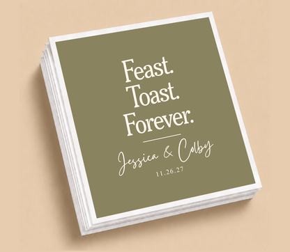 Personalized olive green Thanksgiving wedding matchboxes with Feast Toast Forever design