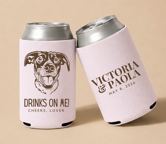 Personalized dog wedding can coolers featuring a happy dog illustration, funny "Drinks On Me!" design, custom names, and wedding date.